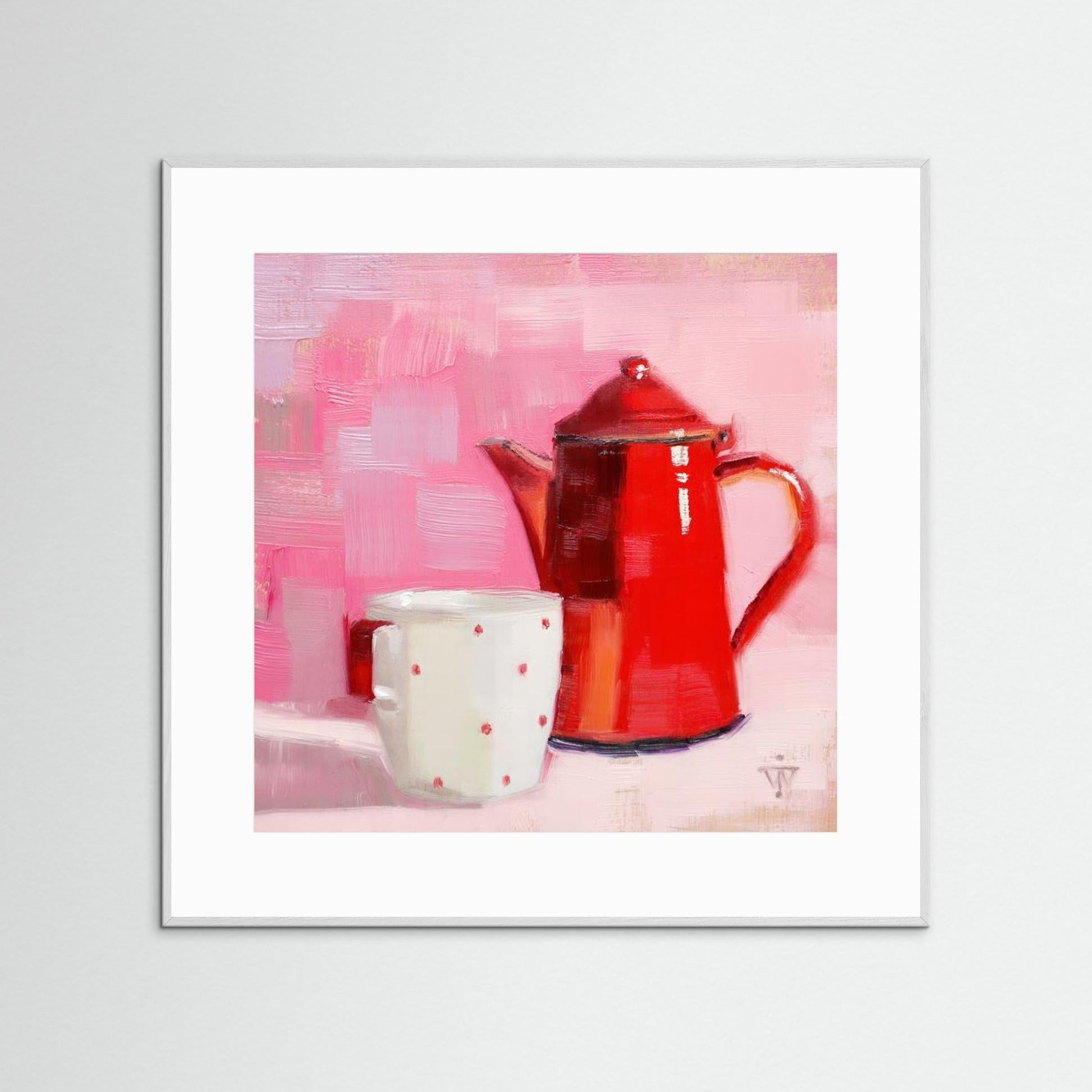 Red Vintage Enamel Coffeepot with white cup with red spots on pink background 