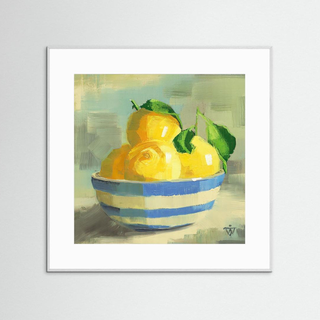 Oil painting print of glossy yellow lemons with green leaves in TJ Green bowl.