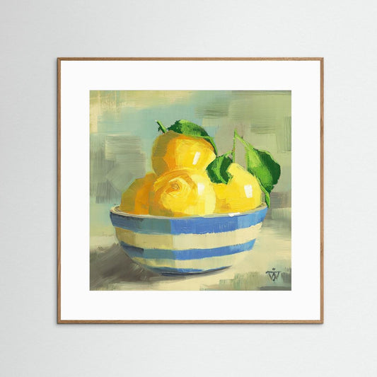 Fine art print of yellow lemons with leaves in a blue and white striped bowl in wooden frame