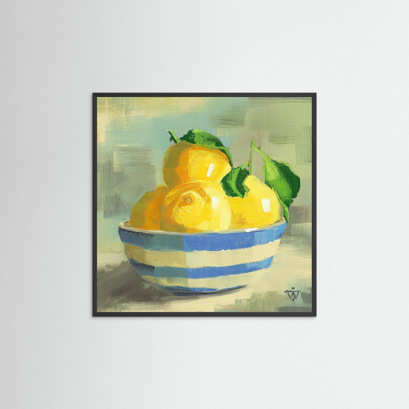 Framed painting of a bowl with lemons on a white wall