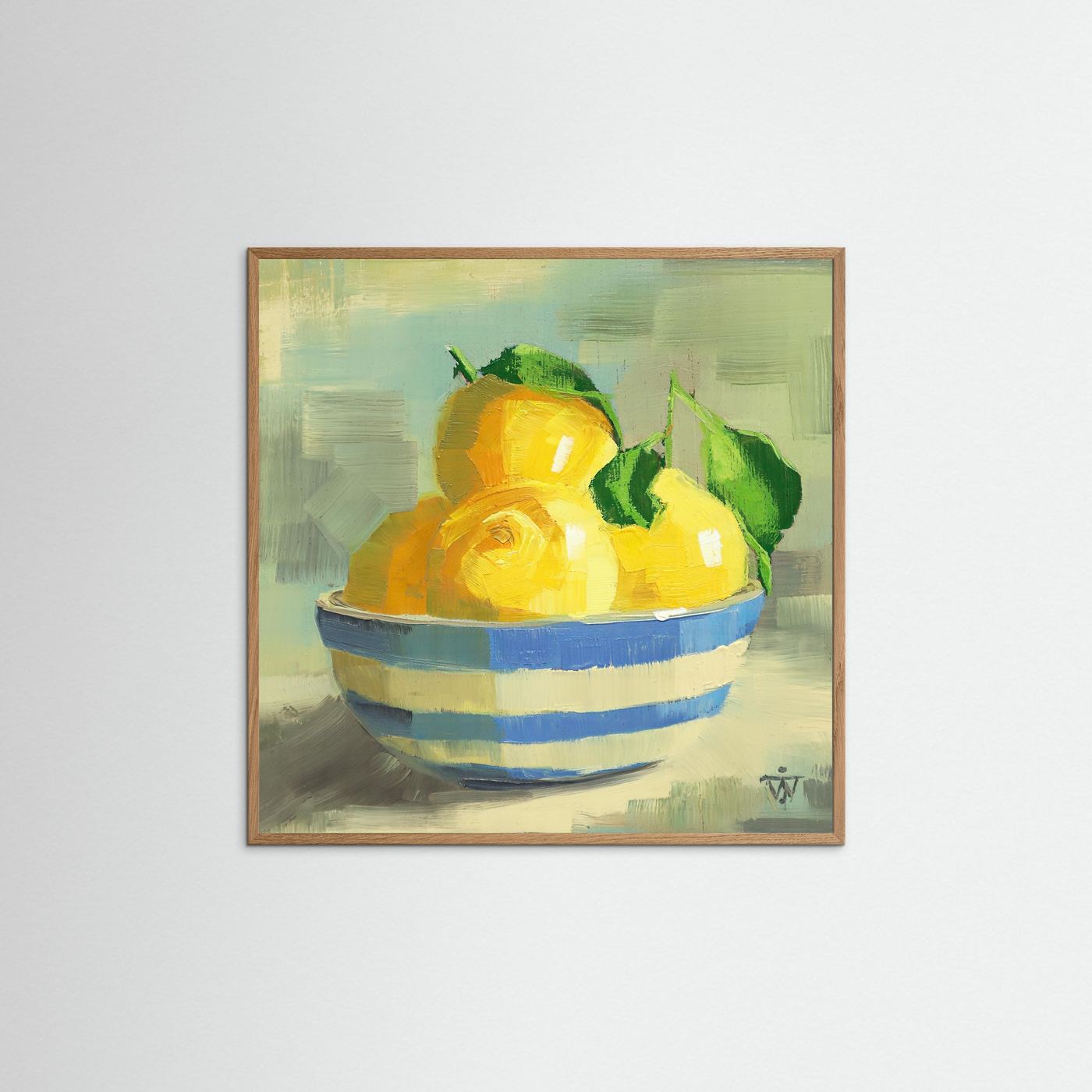 Framed painting of lemons in a striped bowl on a light background