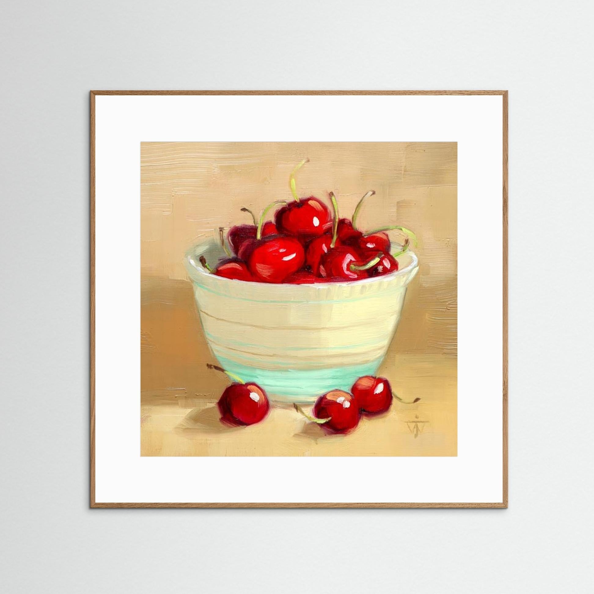 Red Cherries in Vintage bowl on beige background summer kitchen wall art print