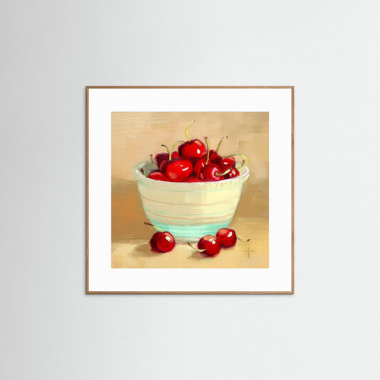 Red Cherries in Vintage bowl on beige background summer kitchen wall art print