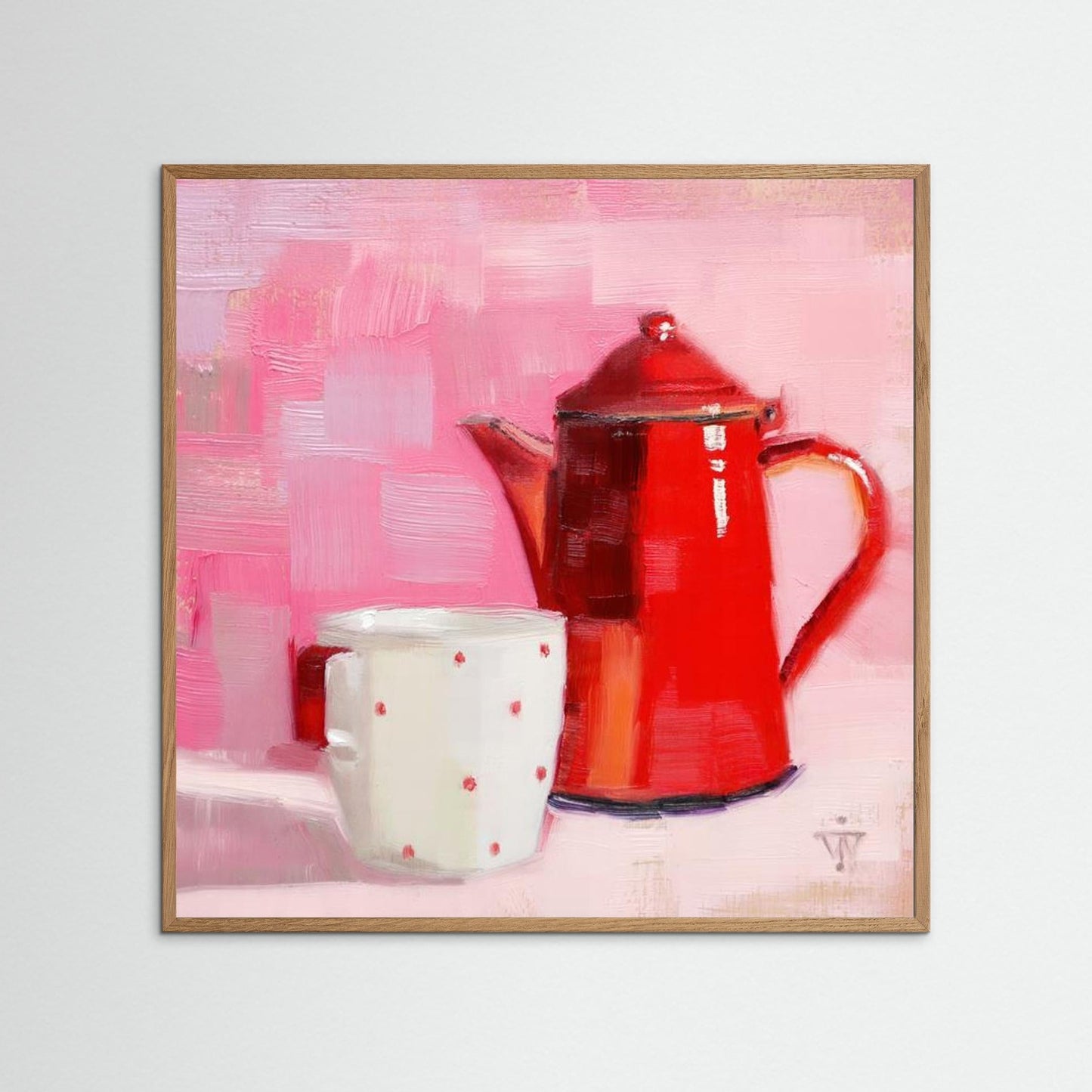 Red Vintage Enamel Coffeepot with white cup with red spots on pink background 