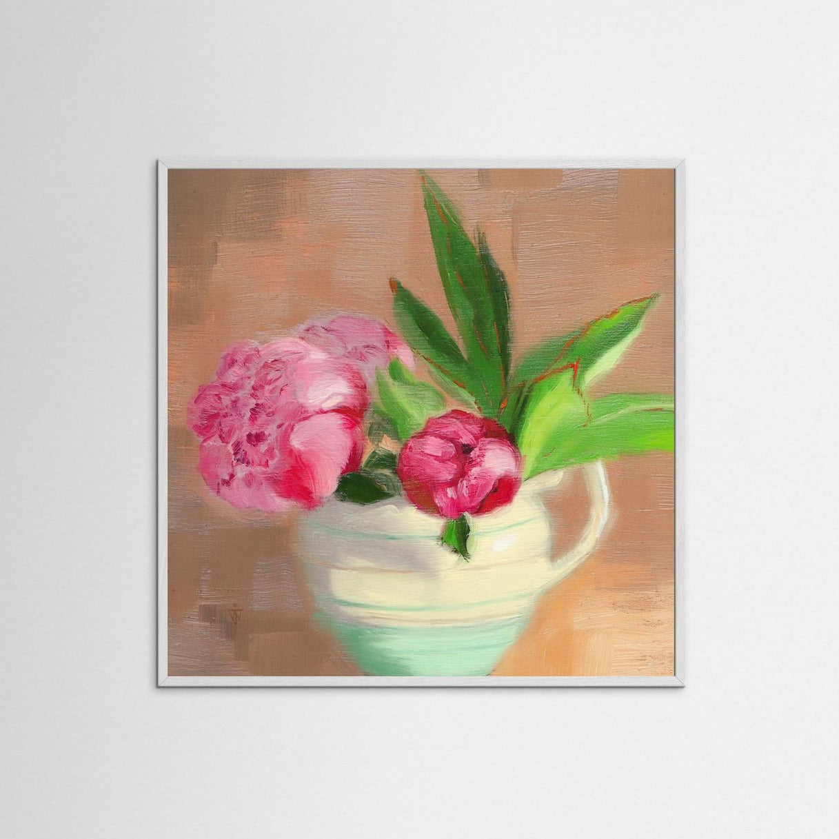 Pink peony oil painting print in white frame.