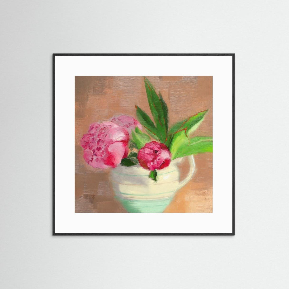 Small bouquet of pink peonies in vintage striped jug — fine art print with black frame