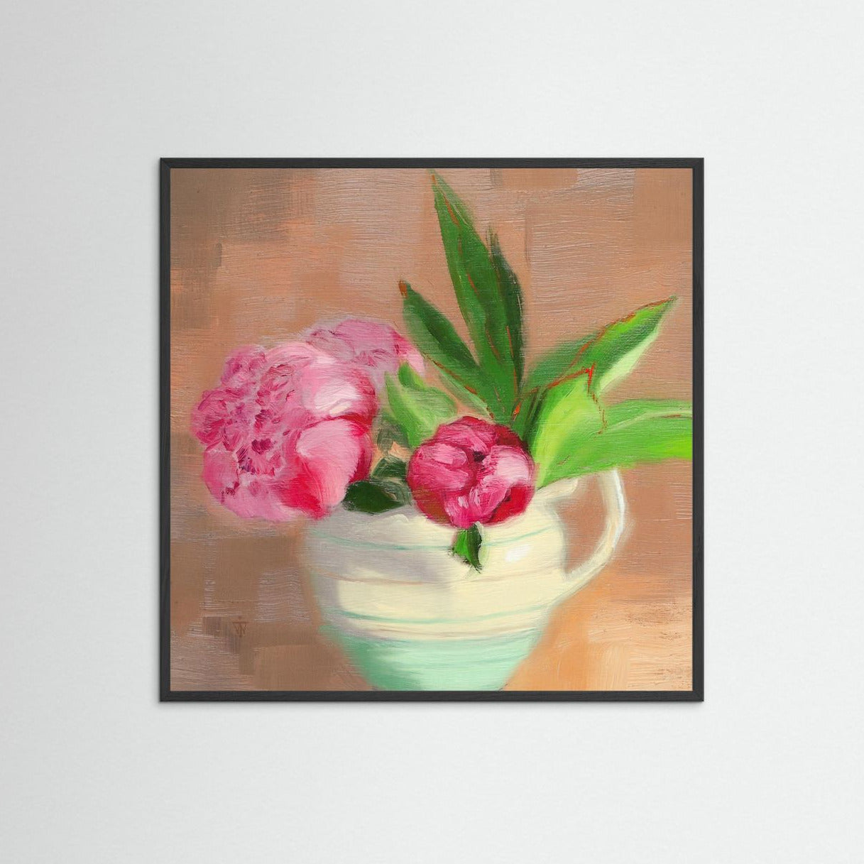Square floral wall art print or pink peonies in modern black frame.