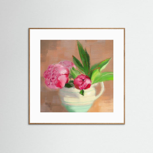 Framed print of hand painted oil painting showing pink peonies in vintage jug. 