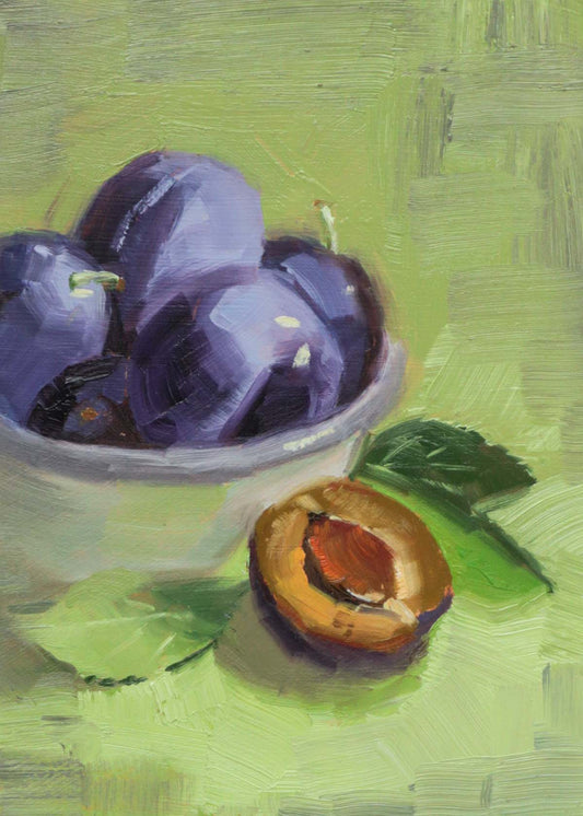 Purple plums in a white enamel bowl on a green background, small oil painting, for kitchen wall art.