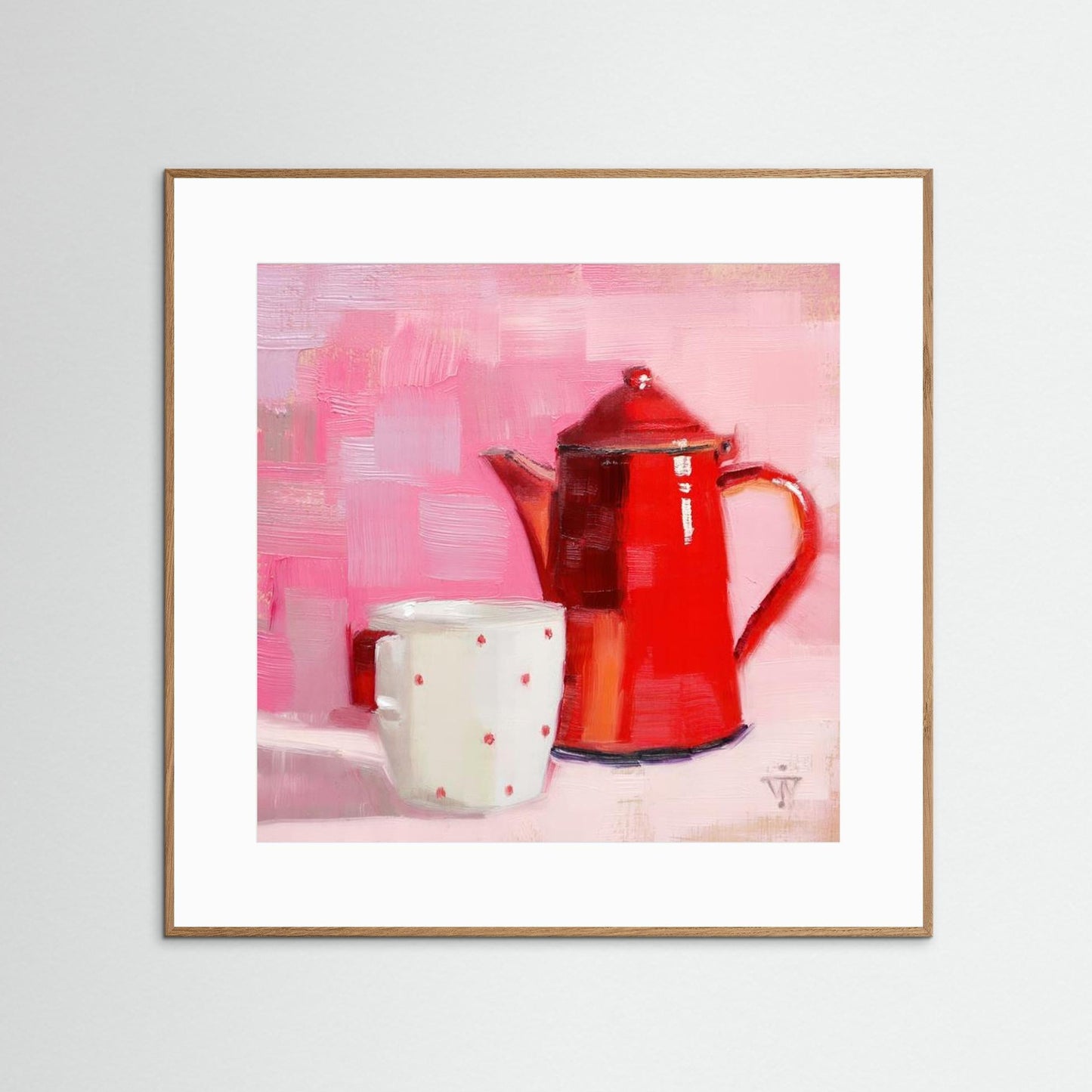 Red Vintage Enamel Coffeepot with white cup with red spots on pink background 