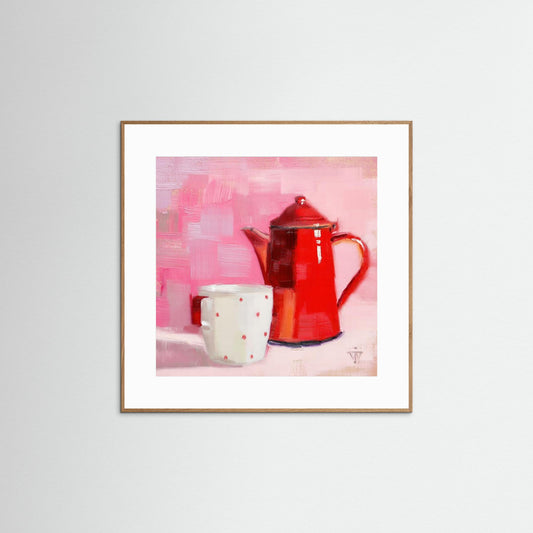 Red Vintage Enamel Coffeepot with white cup with red spots on pink background 