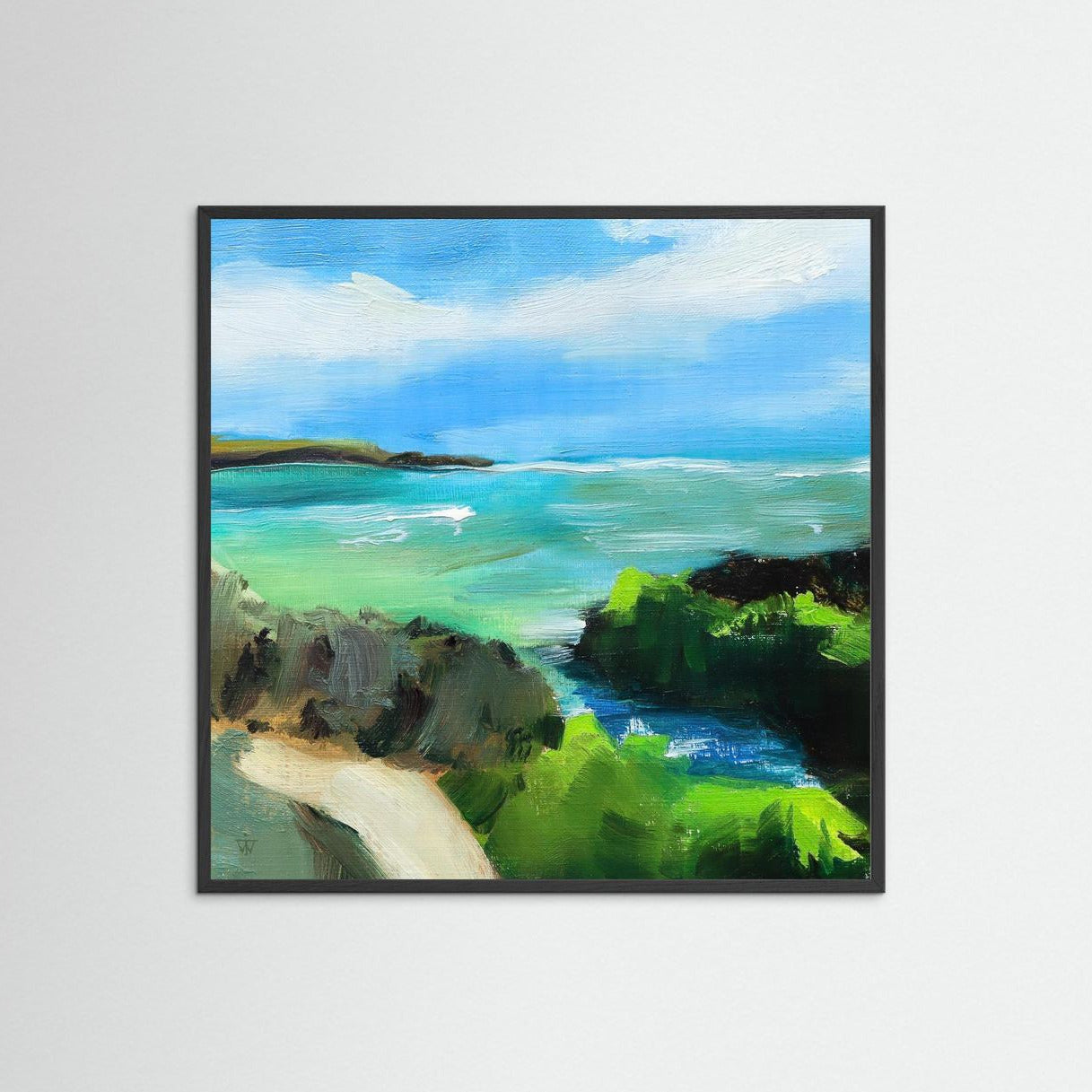 Framed painting of a coastal landscape with greenery and water.