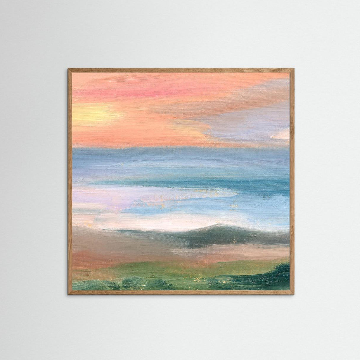 Seascape oil painting fine art print in pastel colours — soft morning light over calm coastal water
