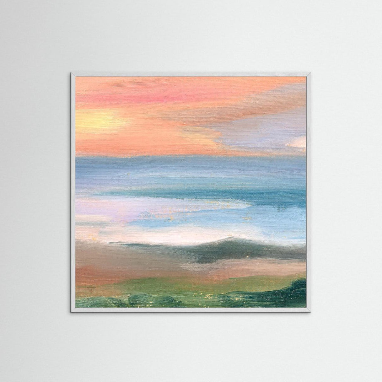 Pastel coloured seascape fine art print of hand-painted oil painting showing soft morning light over calm coastal water