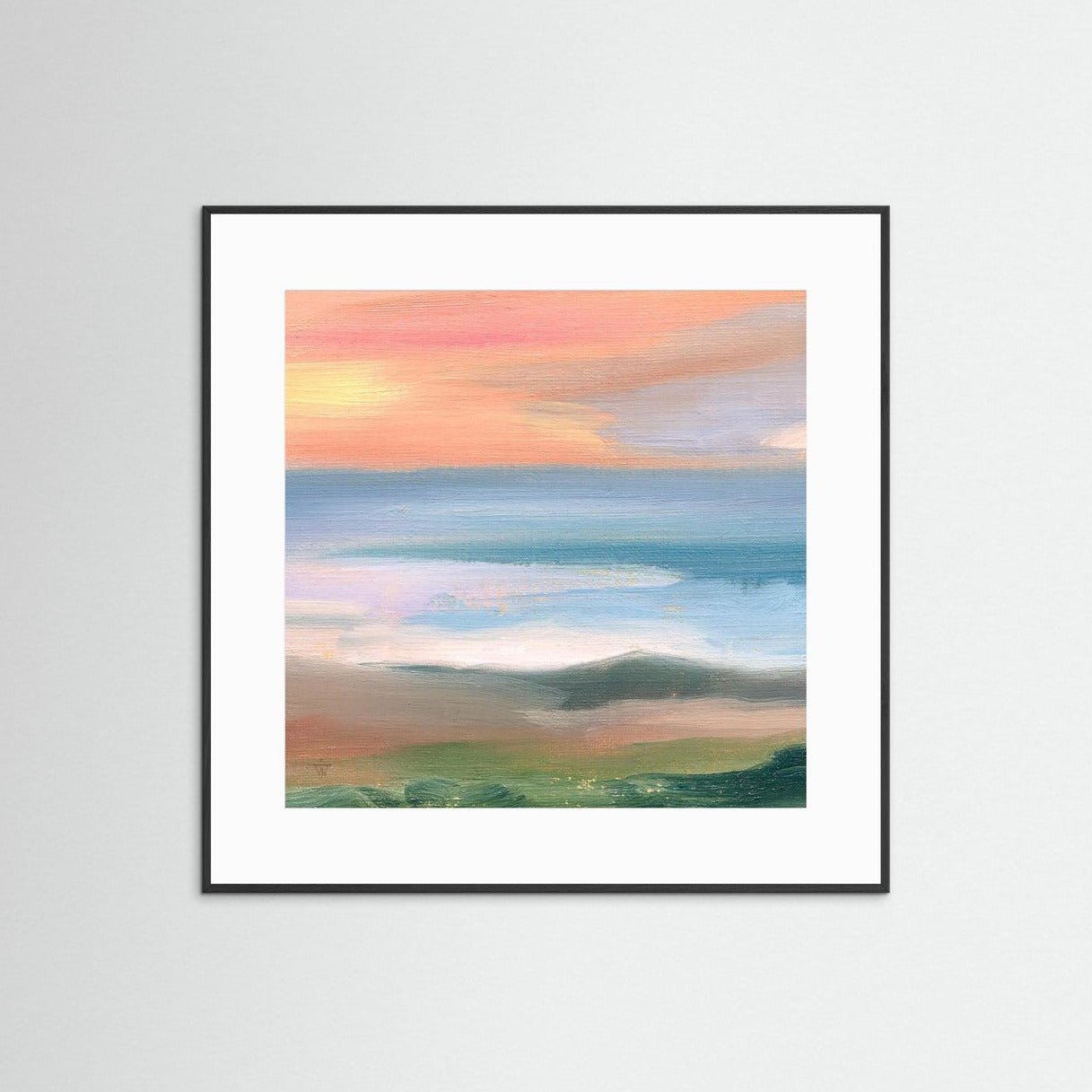 Original oil painting of quiet coastal shore at dawn with soft orange and blue tones