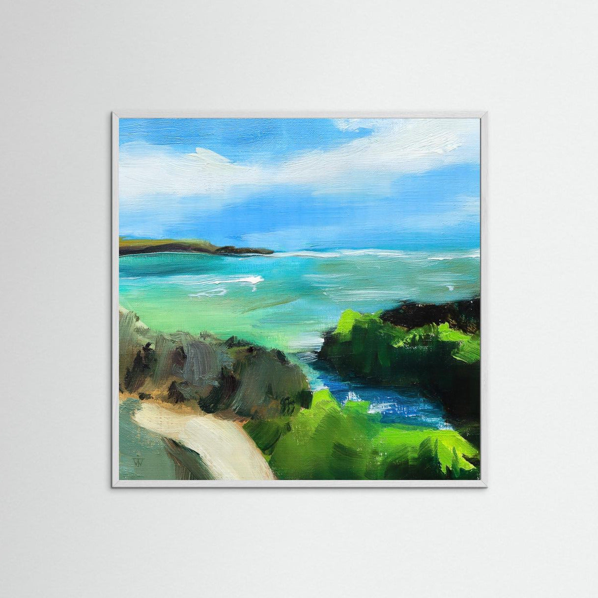 Salt Air — artist giclée print of vibrant coastal path oil painting with turquoise sea in white frame