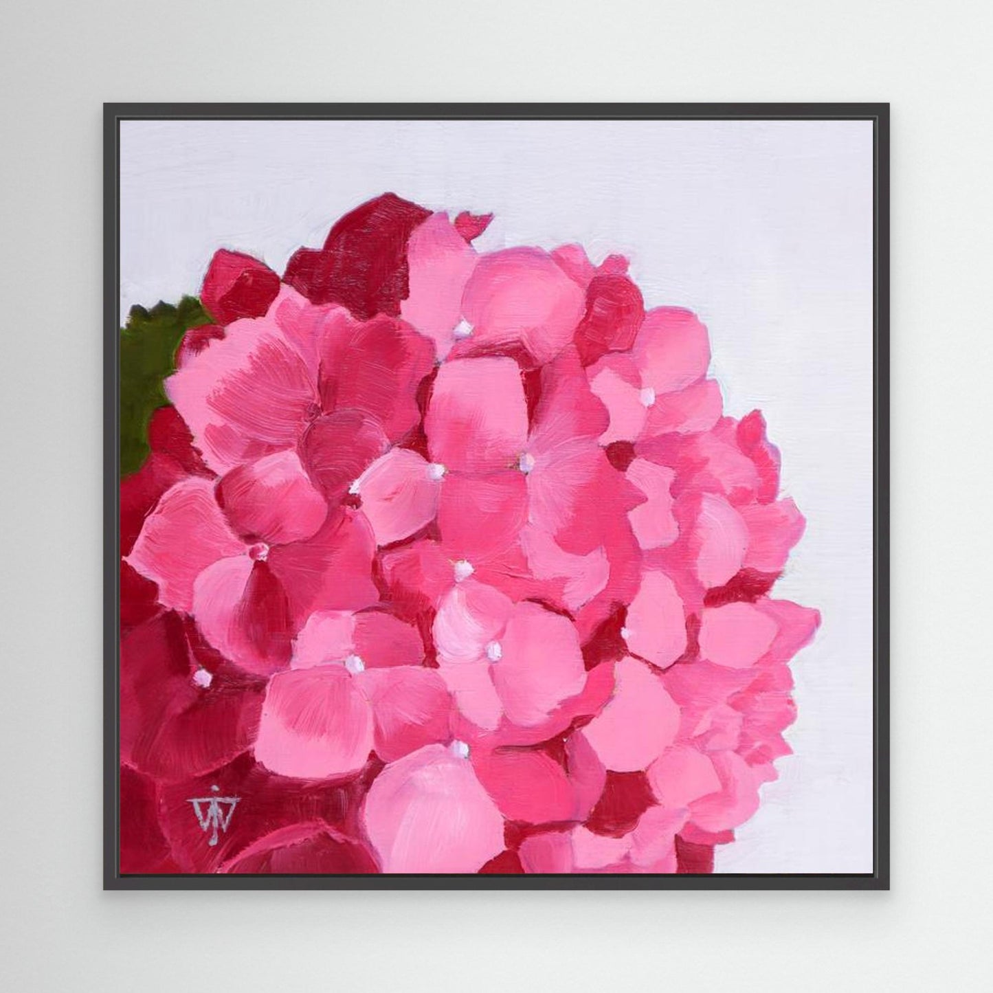Realistic hydrangea flower canvas print of original oil painting in black frame
