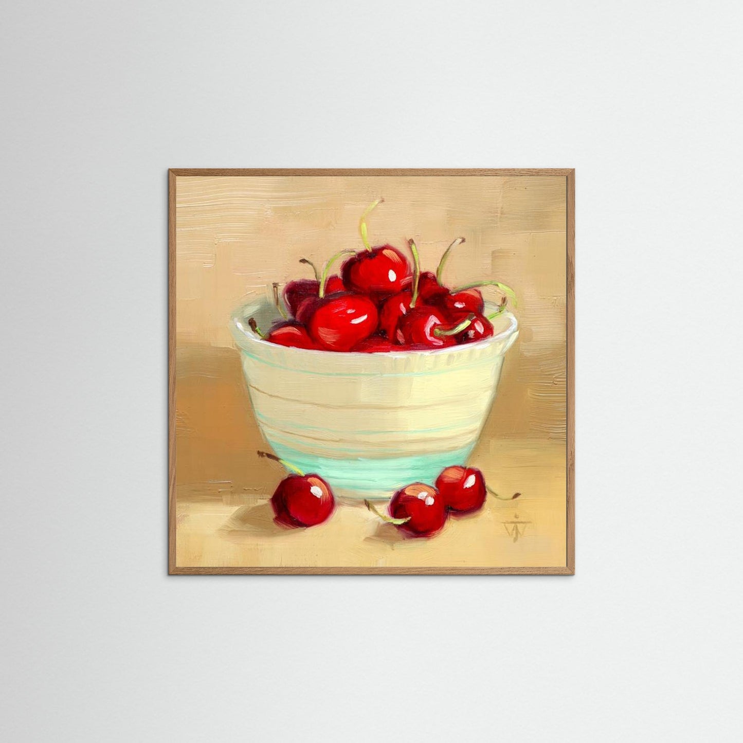 Red Cherries in Vintage bowl on beige background summer kitchen wall art print