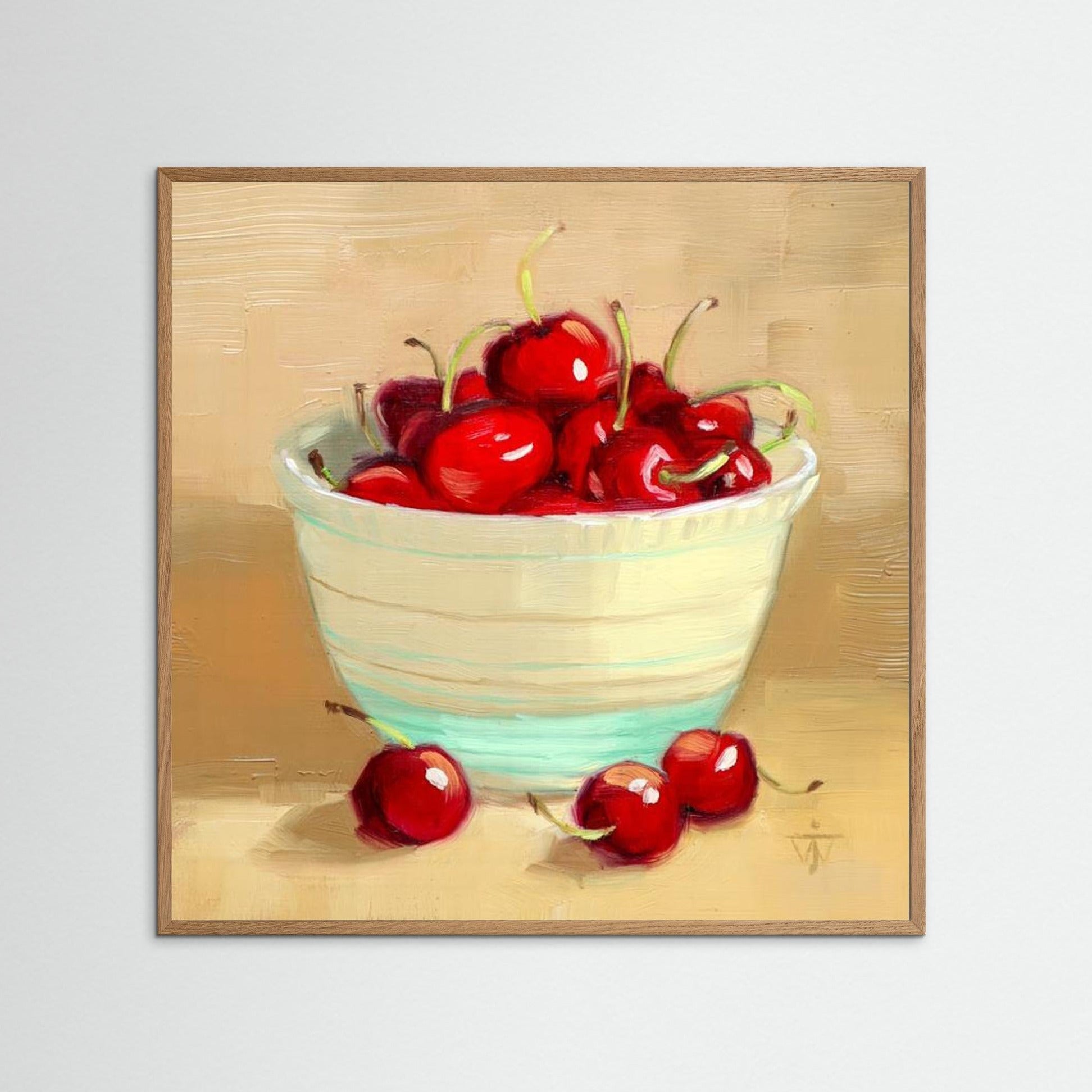 Red Cherries in Vintage bowl on beige background summer kitchen wall art print
