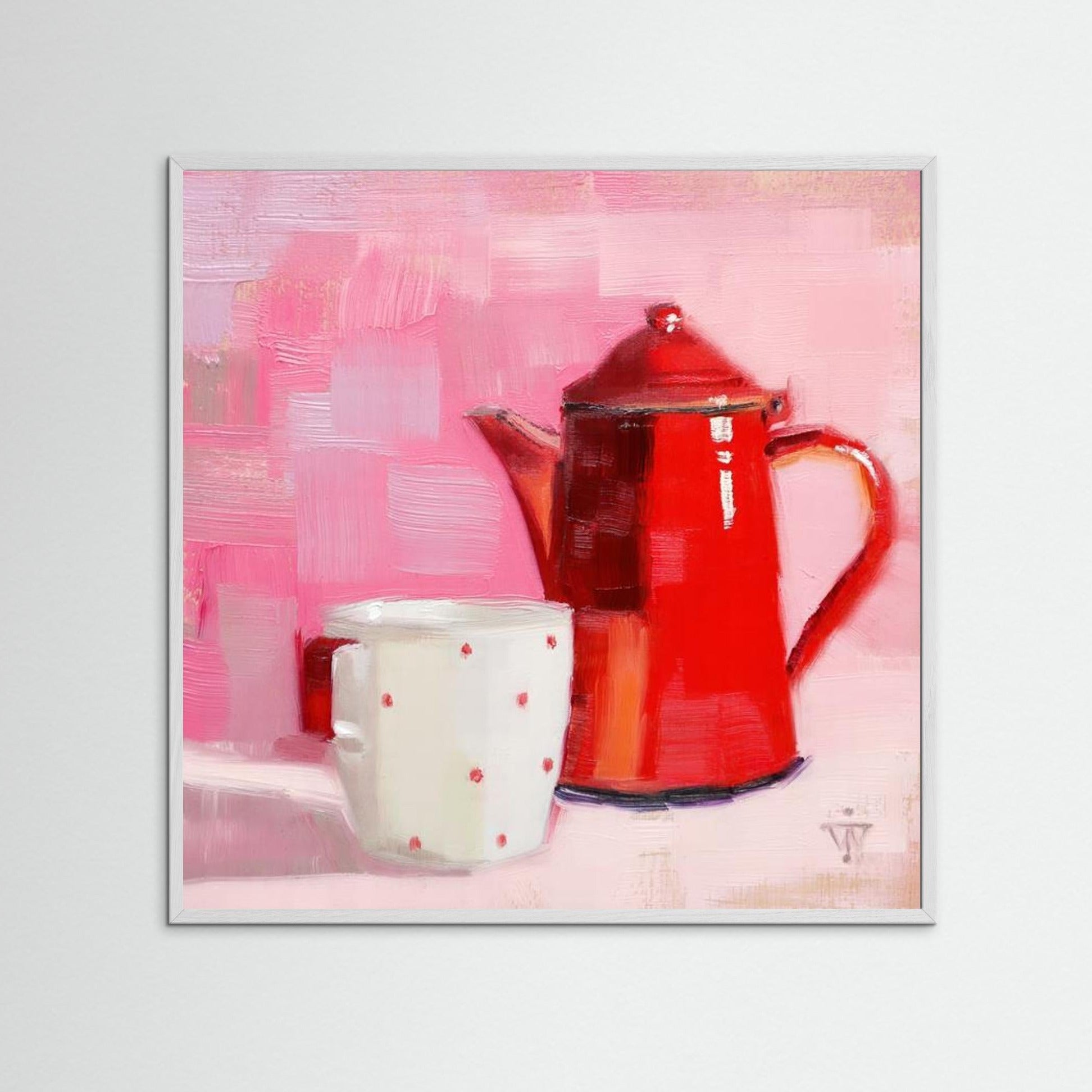 Red Vintage Enamel Coffeepot with white cup with red spots on pink background 