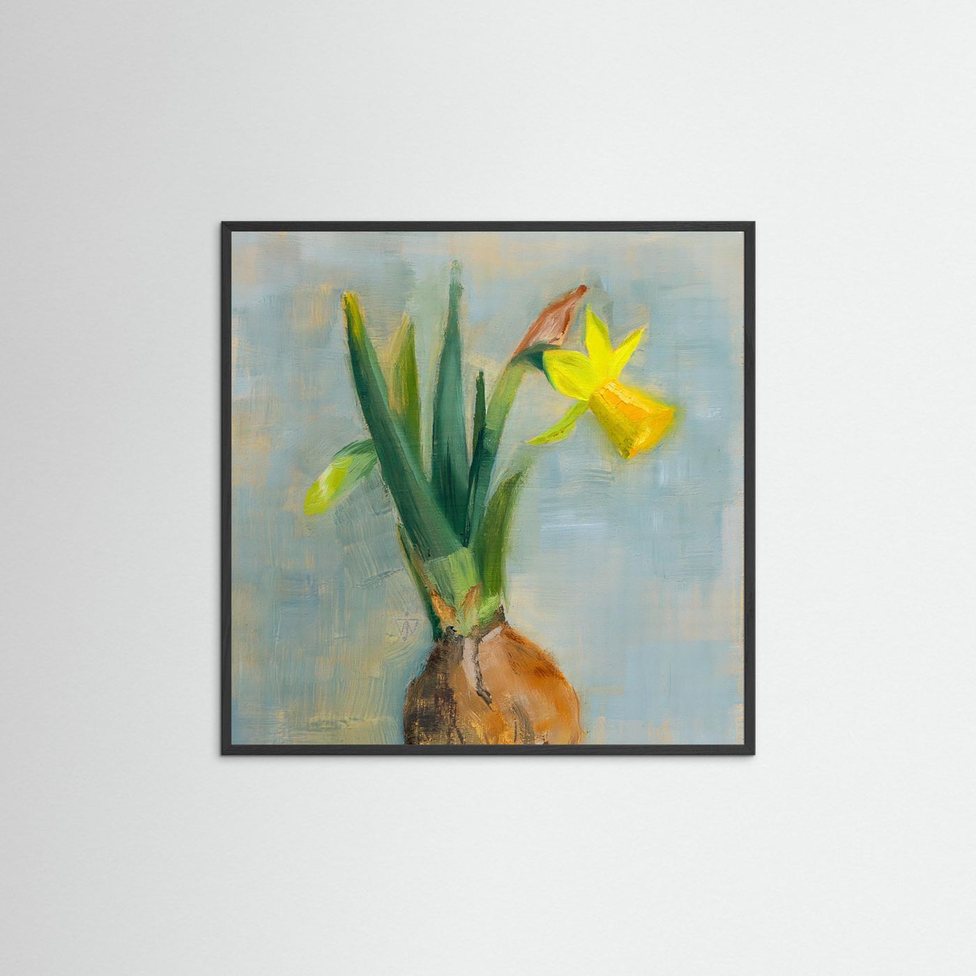 Framed painting of yellow spring flowers with bulb on a light gray background